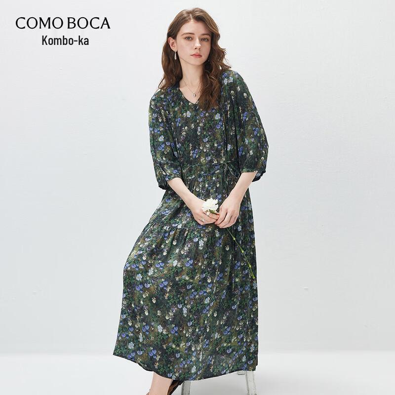 Comom Boca Women s 2026 S/S Printed Silk V-Neck Tie-Waist Midi Dress M