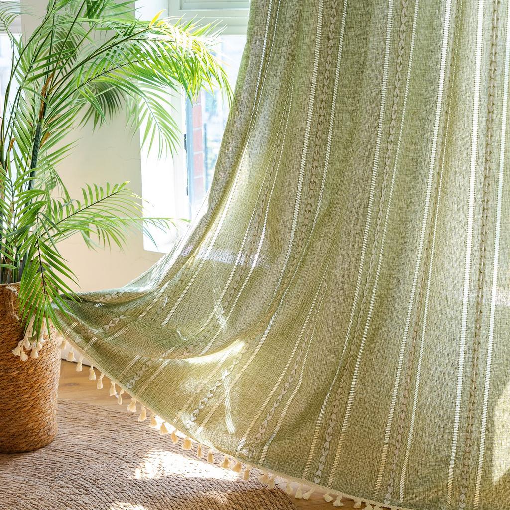 Bohemian Style Khaki Geometric Tassel Curtains Semi Blackout Curtains for Living Room Bedroom Kitchen Home Decoration Curtains