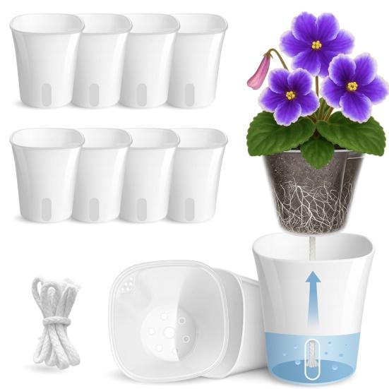Self Watering Plant Pots Small White Planter with Reservoir Translucent Inner Pot Cotton Wick Planters for Violet Cuttings Seedlings Propagation