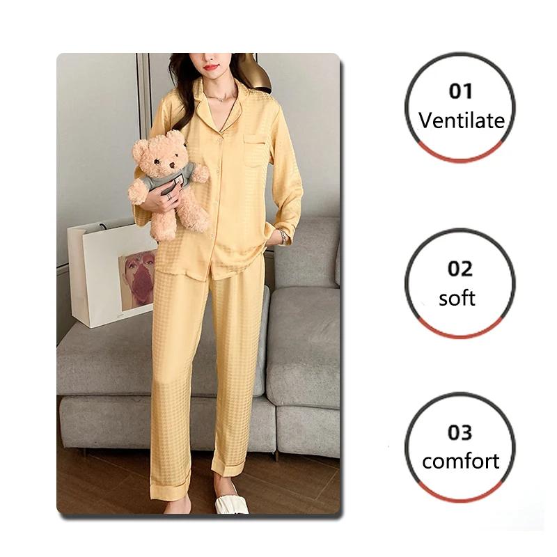 Women Ice Silk Pajamas Set Two-Piece Suit Sleepwear Loungewear Button Down Tops and Trousers Luxurious Simple Nightwear Homewear