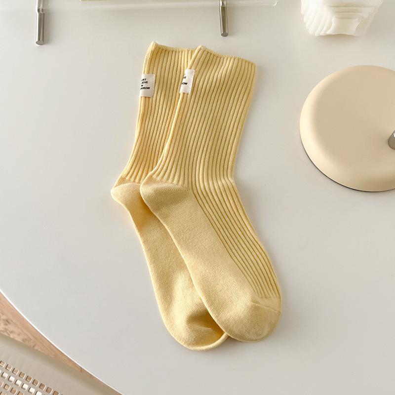 Japanese-Style Cotton Mid-Calf Socks with Waffle Texture and Macaron Fabric Label