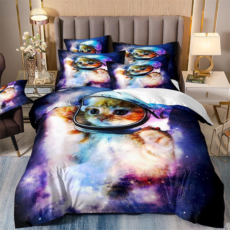 Starry Animals Bedding Set, Cat Duvet Cover Set With Pillowcases, Galaxy Comforter Case, Twin Size Bedding, Animal Cartoon Cat