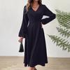 Women's Autumn And Winter Fashion Solid Color V-neck Twisted Long Sleeve Dress