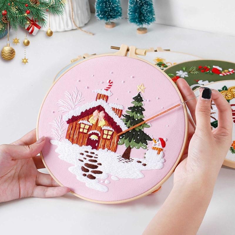 Christmas Pattern CrossStitch Kits Embroidery Starter DIY Kits with Embroidery Clothes Hoop Thread Needle for Beginner