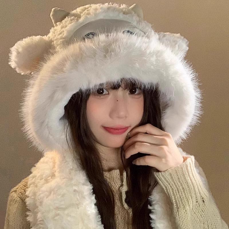 Winter New Cute Little Sheep Plush Hat Women's Hat Scarf Integrated Thickened Cold and Warm Sweet Lei Feng Hat