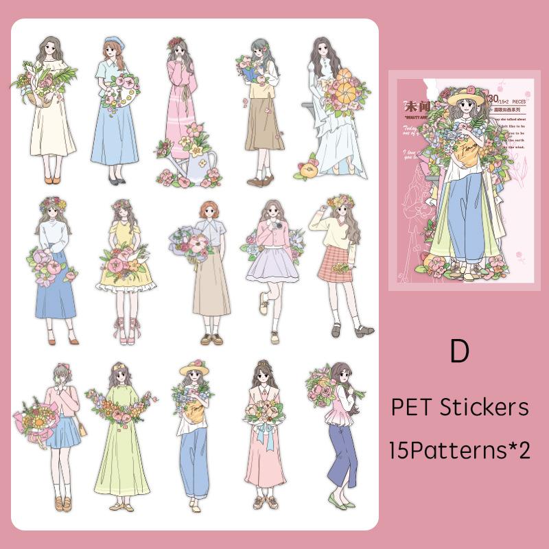 Journamm 30pcs/pack Ins Girl PET Stickers Flowers Materials DIY Scrapbooking Decor Junk Journal Collage Stationery Aesth Sticker