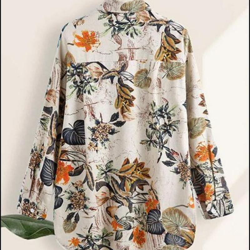 Loose-Fit Cotton Linen Printed Long-Sleeve Tops