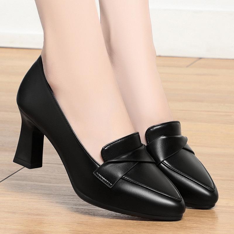 5.5cm 7cm Elegant Office Ladies Soft Leather Shoes Shallow Mouth Heeled Shoes Spring 2025 Trend Med Block Heels Shoes for Work