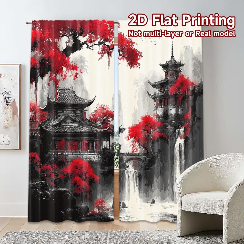 2pcs, 2D FLAT PRINTING Curtains (Without Rod) Crimson Serenity Popular Light Filtering Curtains Polyester Easy Install Curtains