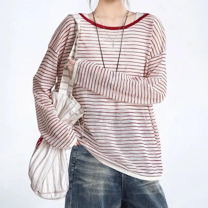 Large Size Red Backless Striped Long-sleeved Sun Protection Cover-up T-shirt Women's Summer New Dopamine Back Hollow Top