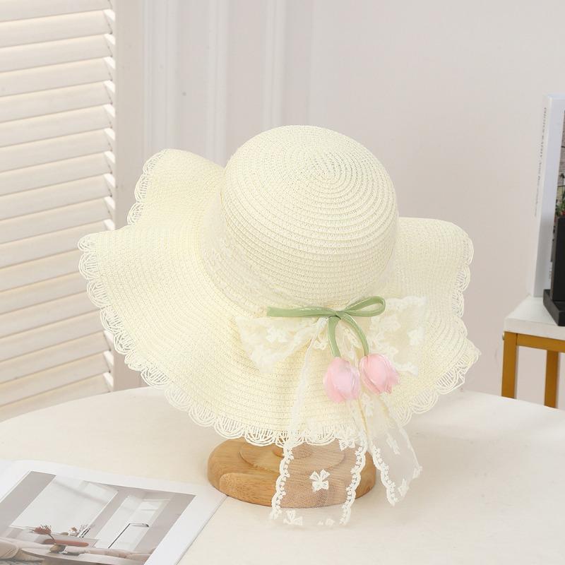 Summer Bow Sun Hat Female, Seaside Beach Vacation Sun Hat Outdoor Big Brim Sun Hat Sweet Straw Hat
