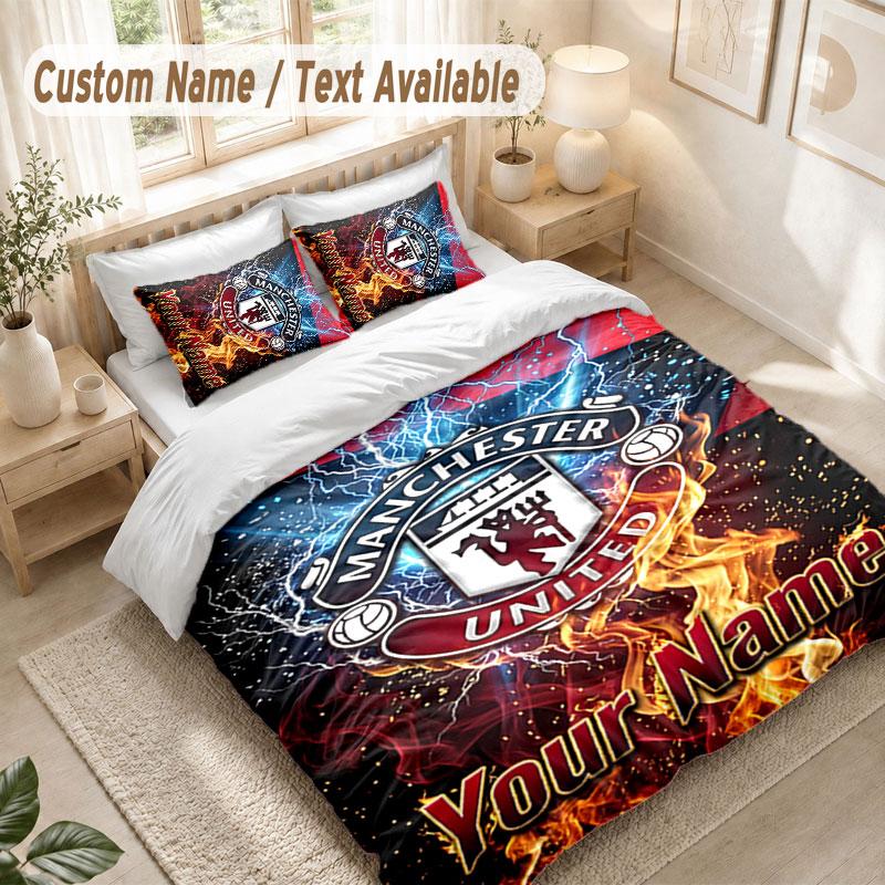 Custom Name Bedding Set 3 PiecesManchester United Print Duvet Cover + 2 Pillowcases Soft Bed Decor