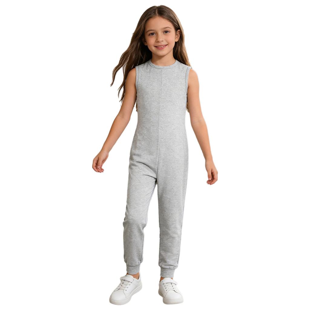 Unisex Kids Adaptive Full Body Jumpsuit Round Neck Sleeveless Solid Color Back Invisible Zipper for Special Needs Care