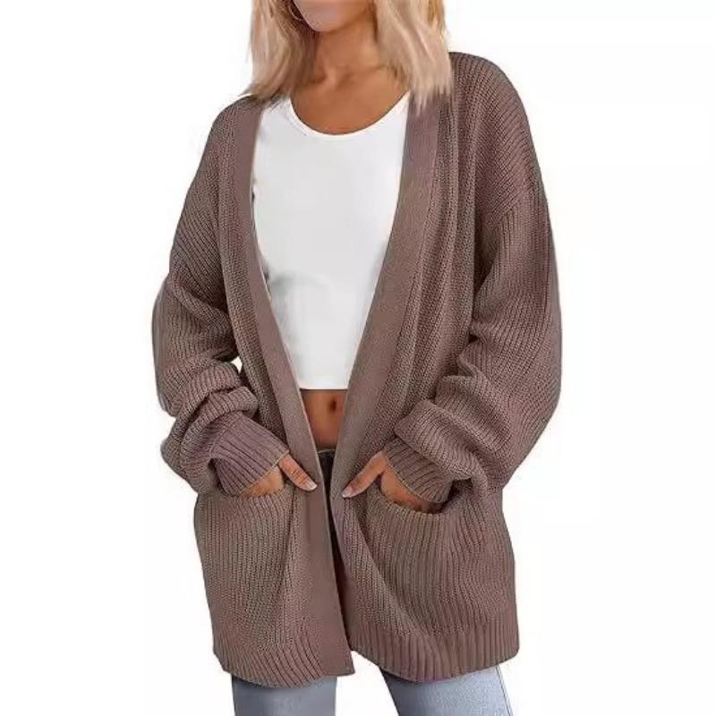 Autumn and Winter New Style 2025 European American Solid Color Loose Long Sweater Women Pocket Jacket Women