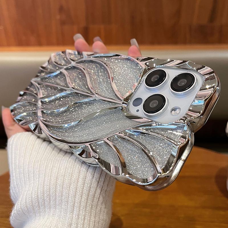 

Чехол для телефона с 3D-блестками в виде листьев для iPhone 16, 15, 14, 13 Pro Max, мягкий бампер из ТПУ со светоотражающим покрытием, задняя крышка 14 Pro серебряный