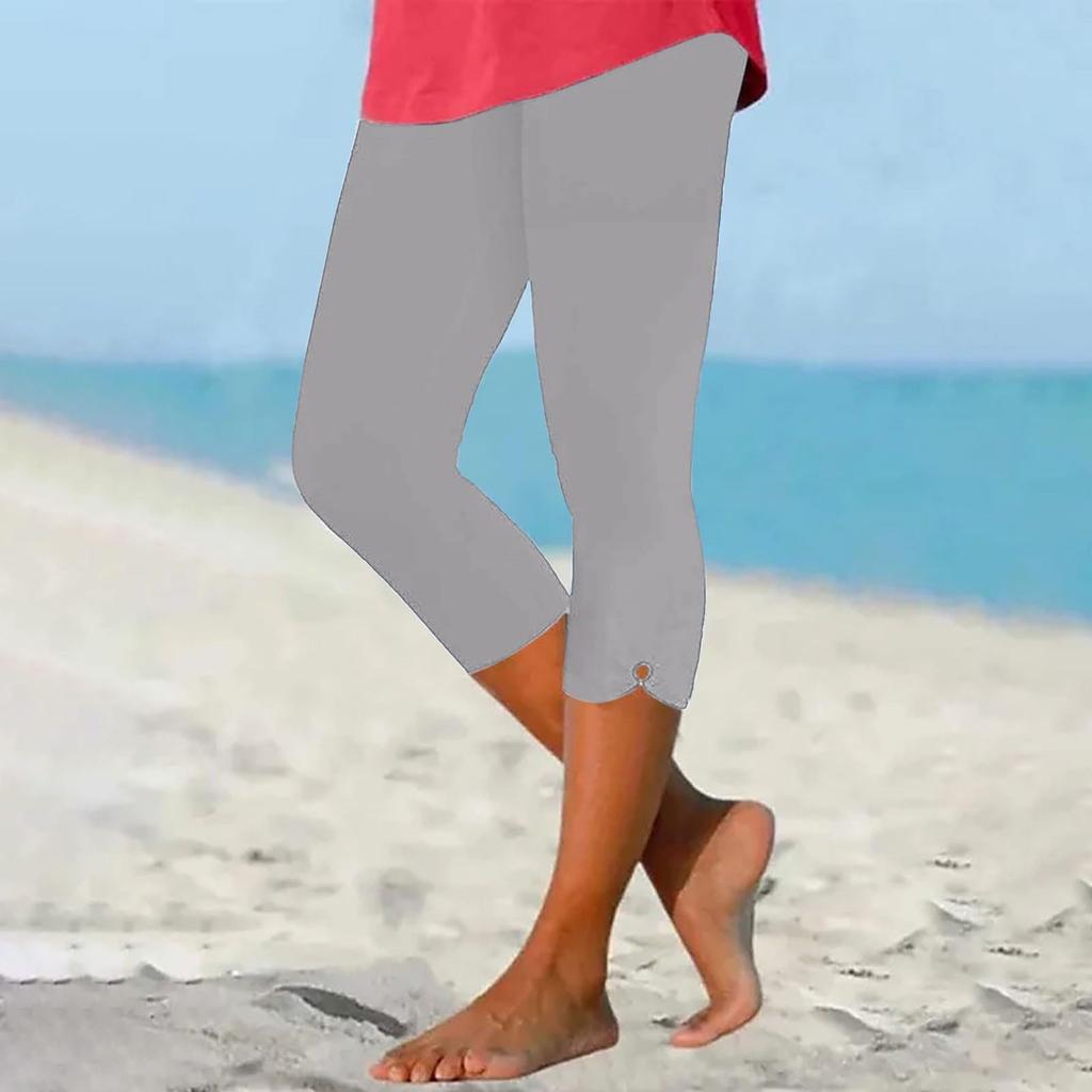 Women's Casual Comfortable Stretch High-Waist Elastic Cropped Pants, Vacation Beach Leggings