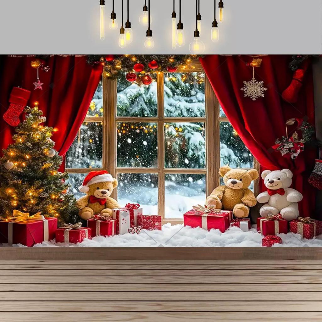Christmas Red Curtain Decoration Backdrop Winter Snow Scenery Fireplace Santa Claus Photography Backdrop Holiday Party Supplies