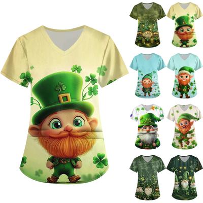 Söt Tryckt Arbetskläder för Kvinnor V-ringning Dubbla Lager Fickor Basic Kortärmad Topp Pullover St. Patrick's Day