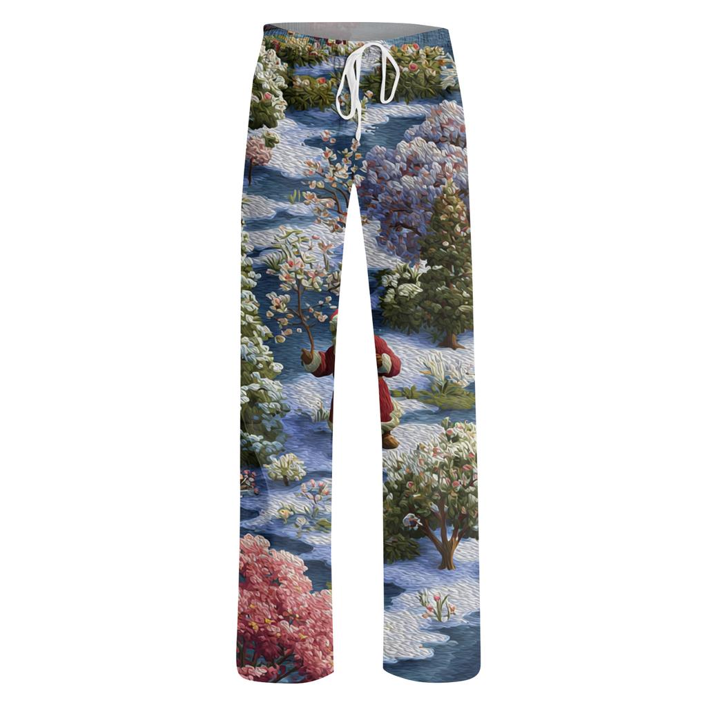 Ladies' Loose And Casual Christmas Printed Wide Leg Pants With Elastic Waistband Drawstring And Pocket Pants