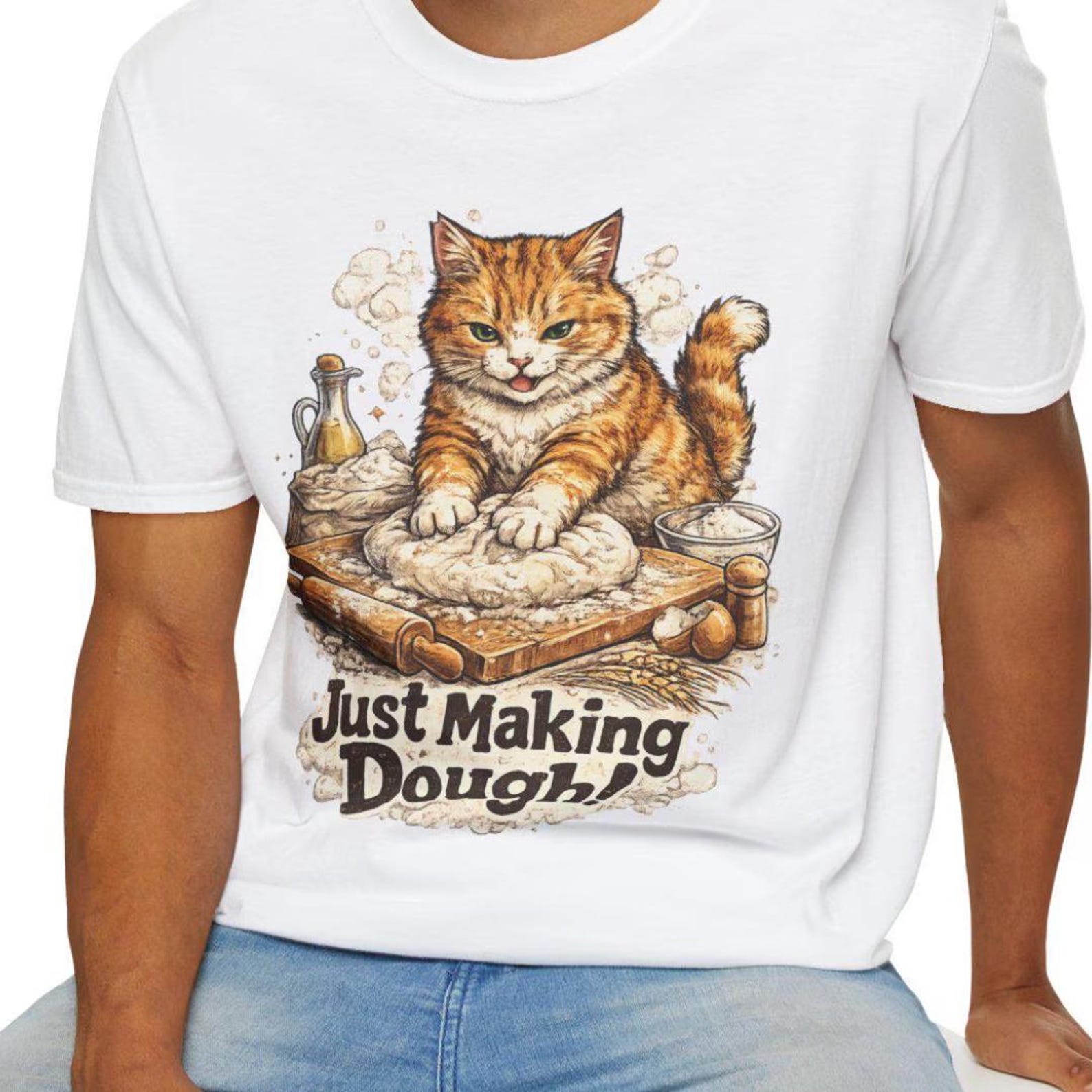 Ginger Cat Kneading Dough T-Shirt | Funny Baker Cat Illustration XL