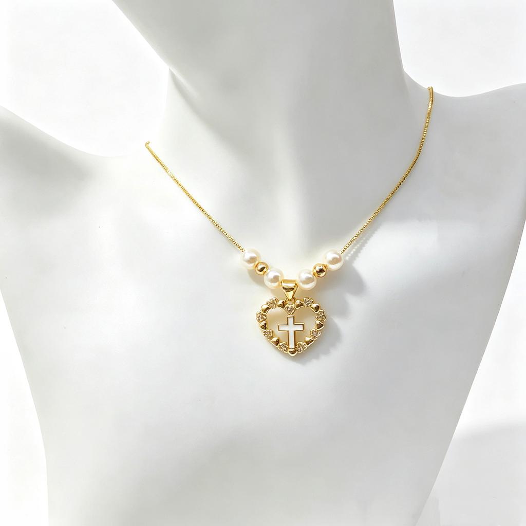 White Black Red Enamel Art Cross Zirconia Pendant Necklace: New Fashion for Women Party Pearl Chain Choker Religious Prayer Gift