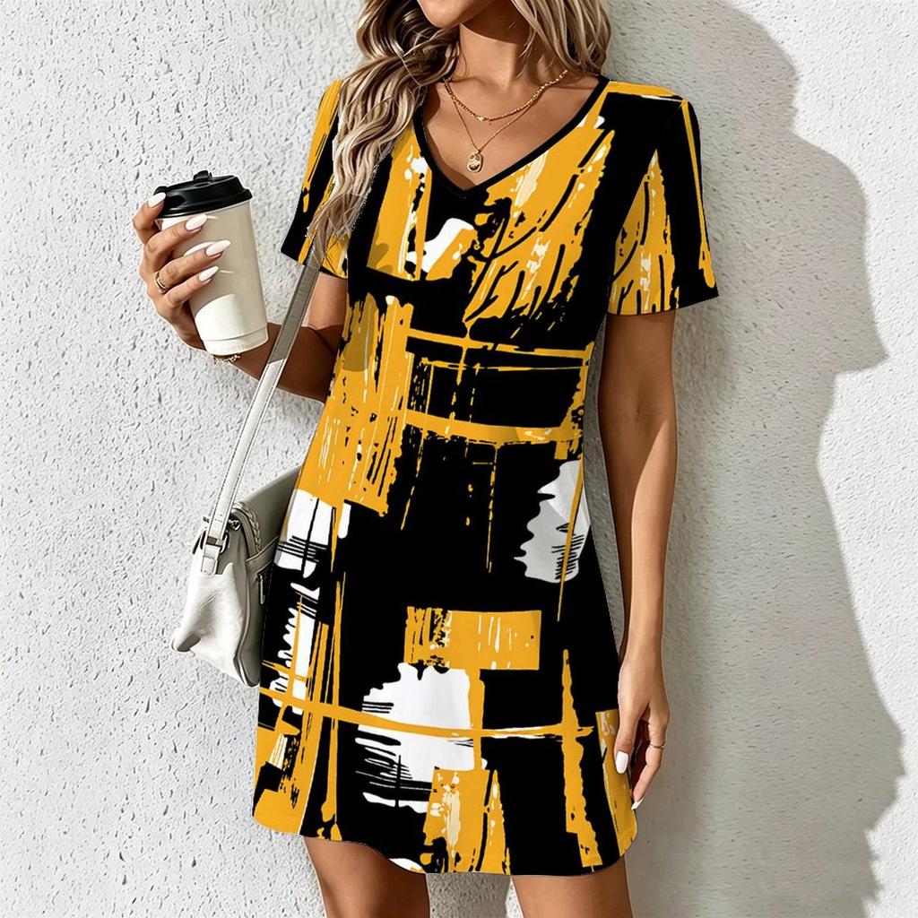Summer Fashion Women's V Neck Short Sleeve Geometric Lines Pattern Printed Dress Sex Short Skirt Dresses