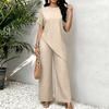 Women Loose Fit Round Neck Irregular Hem Mid Length Top Wide Leg Pants Casual Two Piece Set