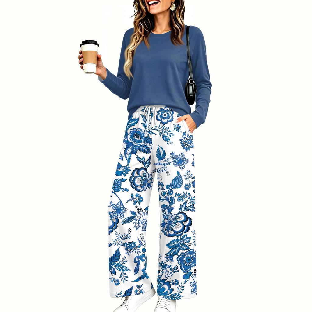 Women's Casual Pajama Set with Pockets, Long Sleeve Neck Loose Fit Printed Sleepwear