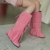 Plus Size Frosted Suede Material Three Sections Of Tassels Fine Stripes Flat Bottomed Sloping Heels Retro Midsole Boots