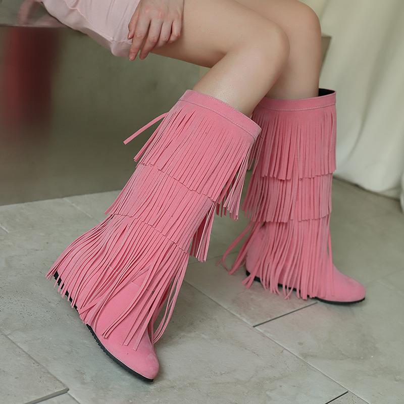 Plus Size Frosted Suede Material Three Sections Of Tassels Fine Stripes Flat Bottomed Sloping Heels Retro Midsole Boots