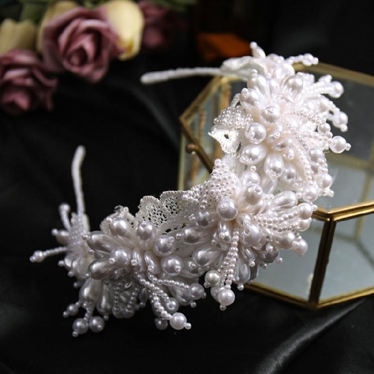 Floral Hand Beaded Pearls Headbands Bridal Hairband Shimmering Pearls for Bride Wedding Props Bride Costume