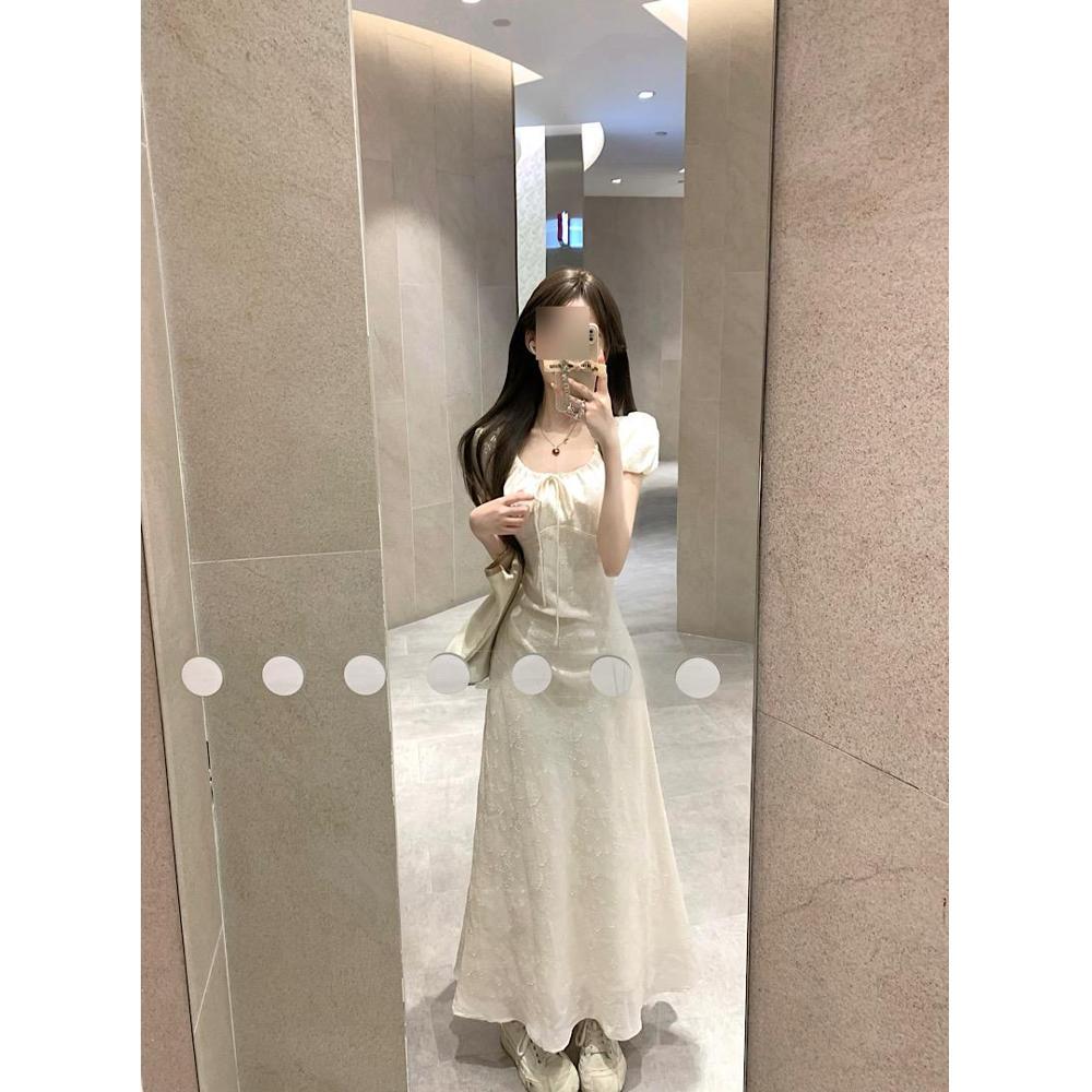 Gentle wind jacquard short-sleeved dress women's summer niche casual elegant lace-up temperament hip skirt long dress