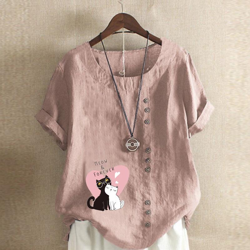 Women's Fashion Couple Cat Prined Short Sleeve T-shirt Loose Cotton Shirt Casual Loose Summer Blouse Tops Plus Size