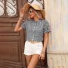 Women Casual Button Down Shirt Short Sleeve Round Neck Plaid Checkered Blouse Lightweight Summer Top
