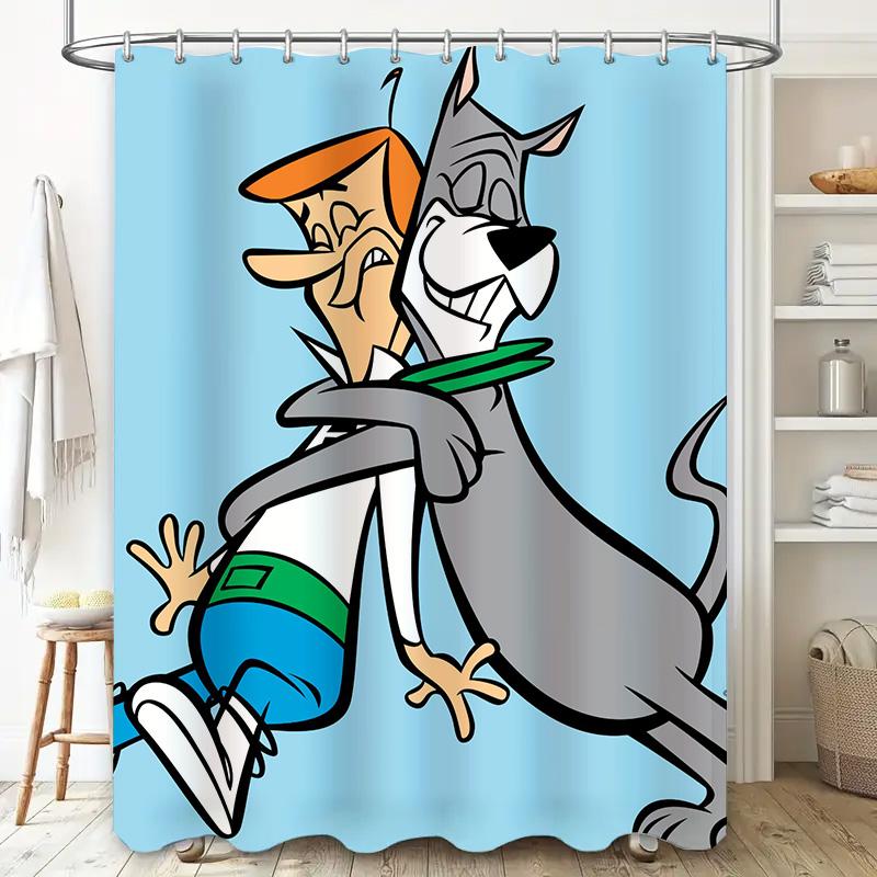 Classic Cartoon Characters Shower Curtain Blue Background With Wacky Dog Hugging Man Print For Bathroom Decor Size 69X70 Inches
