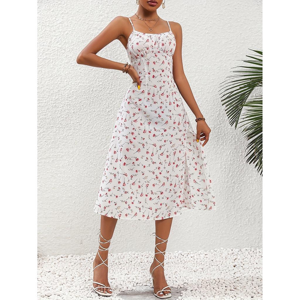 2026 summer new European and American printing suspender slit polka dot dress waist elegant women's clothing