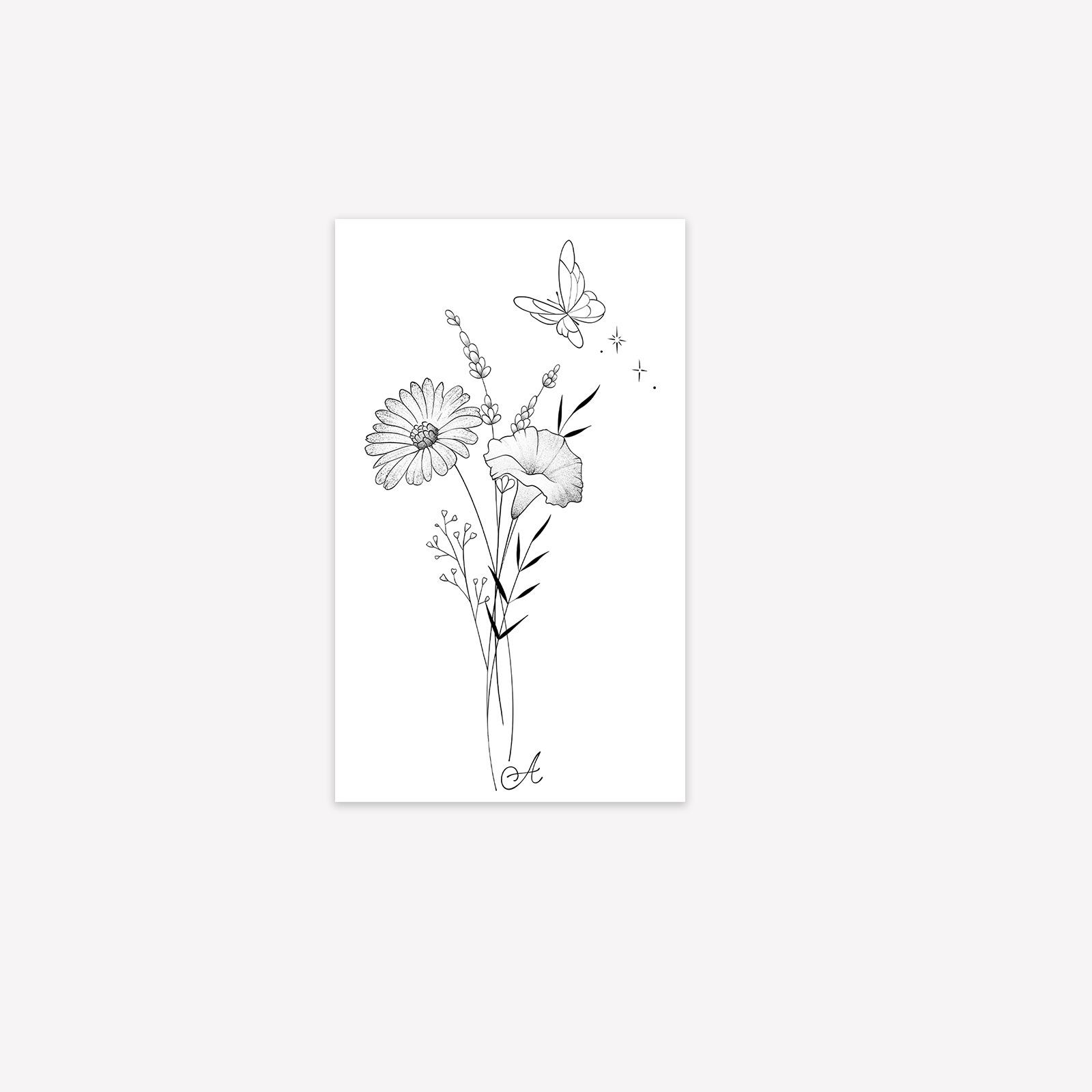 Small Fresh Bouquet, Butterfly Tattoo Sticker Herbal Semi-Permanent Premium Feeling Waterproof And Long-Lasting Non-Reflective 6*10