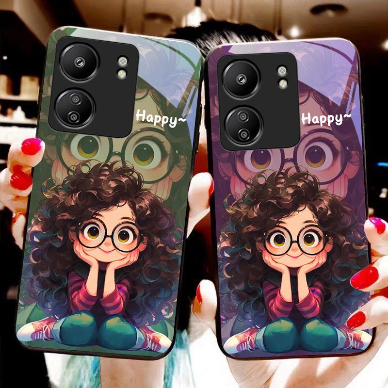 Curly Haired Girl For Xiaomi Redmi 13C Note13 12 Pro Plus 5G Note 9 13T Pro POCO X6 F5 F6 Black Tempered Glass Phone Case