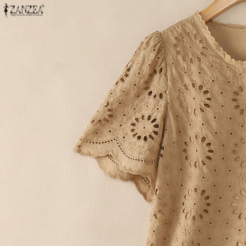 ZANZEA Blusa Casual Corta Larga da Donna con Ricami, Pizzo, Patchwork all'Uncinetto