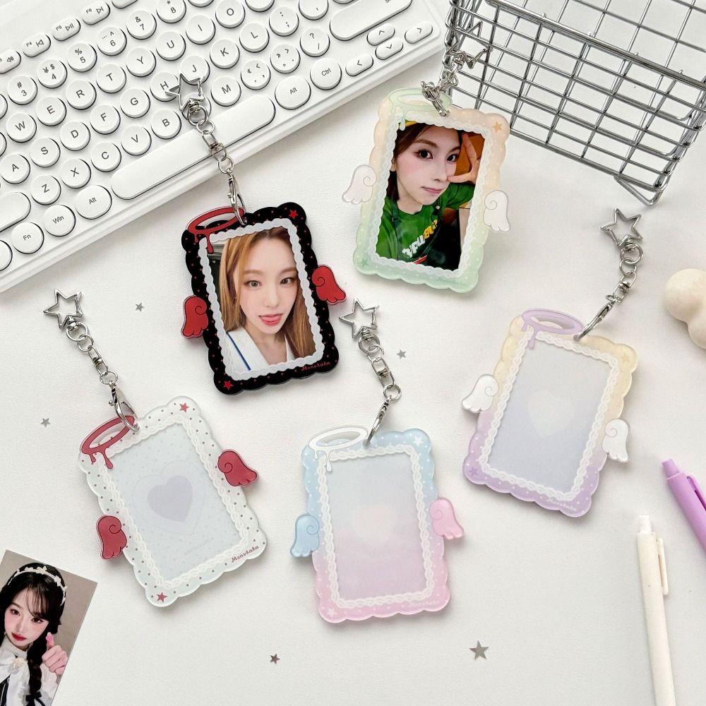 Kawaii Acrylic Photocard Holder Angel Wings with Star Keychain Card Sleeve Hard Card Protector 3-inch Photos Card Cover