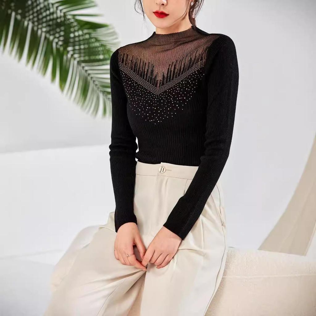 Women's 2024 Winter Silk Wool Knit Long Sleeve Sweater with Half-High Collar and Diamond Detail