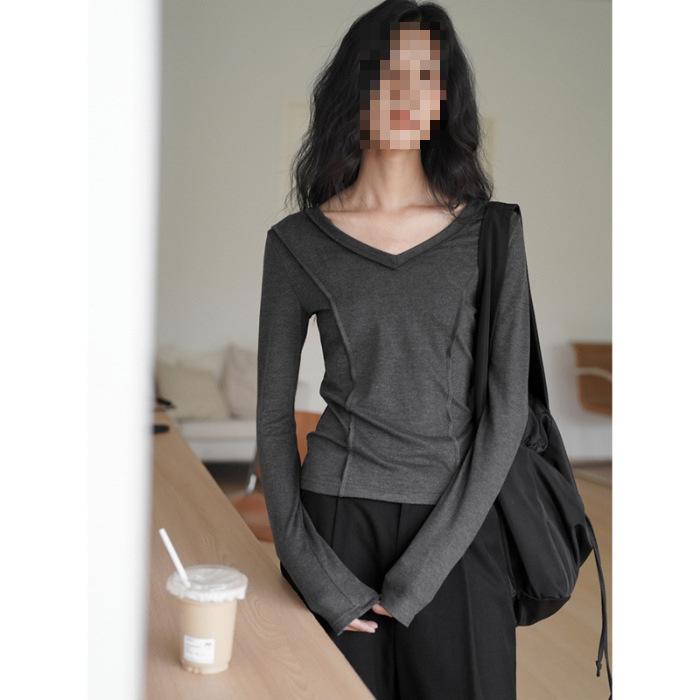 

Women s Gray Drop-Shoulder Slim-Fit Fishbone Long-Sleeve Tee, New Autumn Design Medium серый
