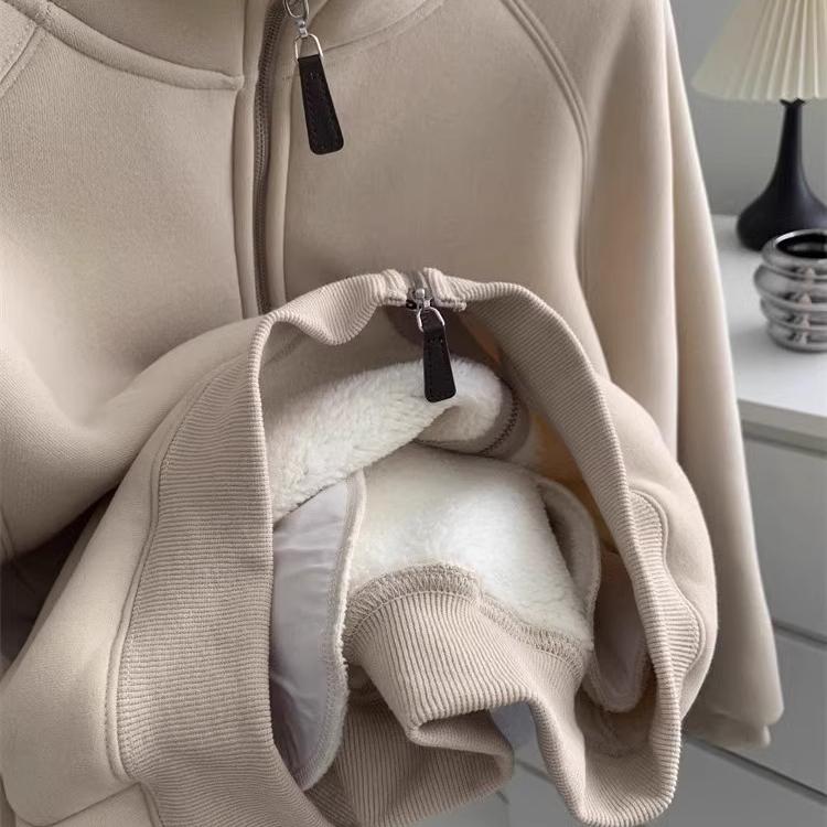 Thickened Velvet Sweatshirt Jacket Zipper Collar Warm Casual Autumn Winter Commute Women's