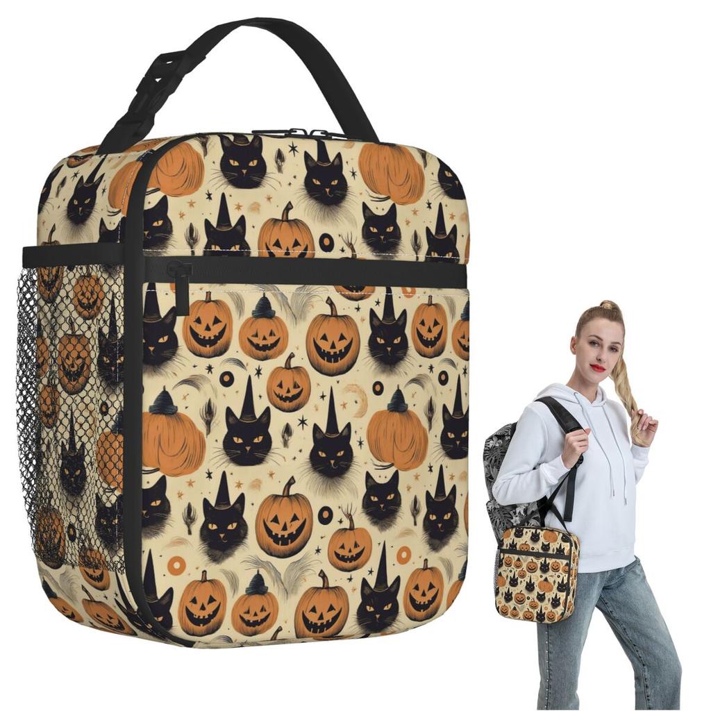 Sac à lunch isotherme à motif sorcière chat noir citrouille Halloween pour femmes et enfants, étanche, pour femmes et enfants.