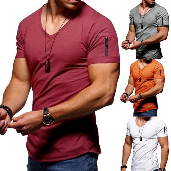Men Solid Color Zip Pocket V Neck Short Sleeve T-shirt Fit Plus Size Tee Top