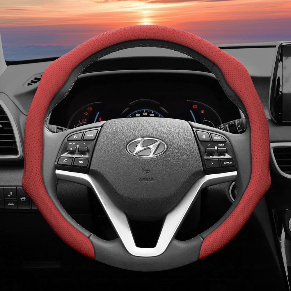 Suitable for Hyundai Perforated Leather Steering Wheel Cover, Non-Slip, Sweat-Absorbent, Breathable, Integrated Protective Case Elantra N Sonata Ioniq