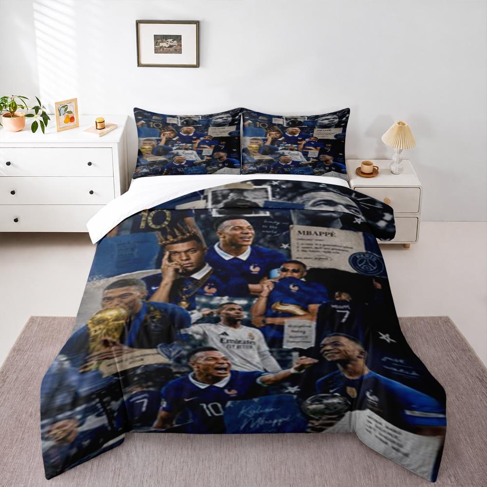 3 Piece Bedding Set with Duvet Cover and 2 Pillowcases - Kylian Mbappe France Scrapbook Collage Trophy Print - Soccer Decor