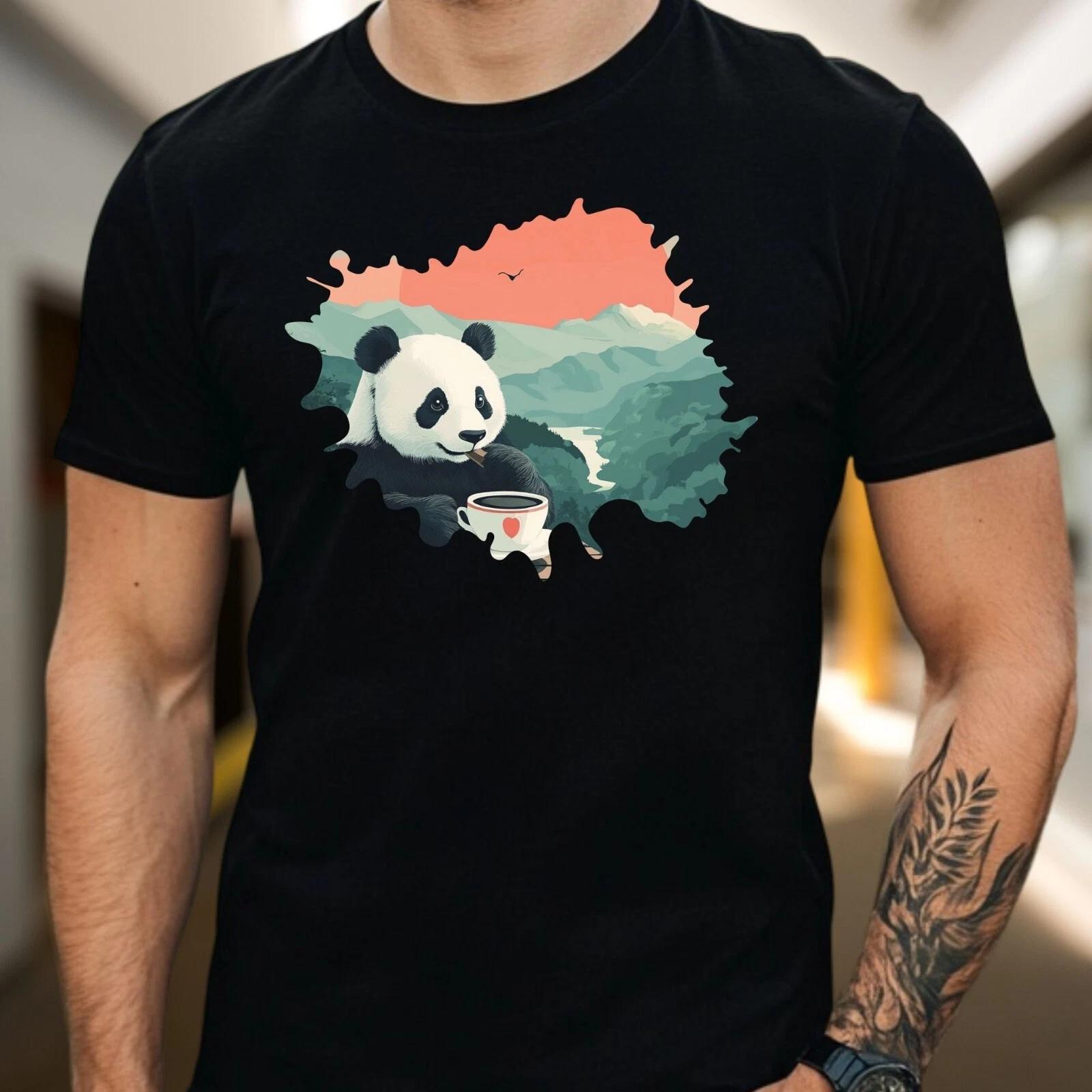 T-Shirt Herren Panda trinkt Kaffee Motiv Baumwolle Größe S bis 5XL XXXL