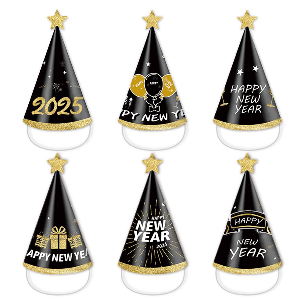 6pcs Happy New Years Hats 2025 Novelty New Year Paper Star Cone Cheers New Year Party Favors for New Years Eve Party Decorations