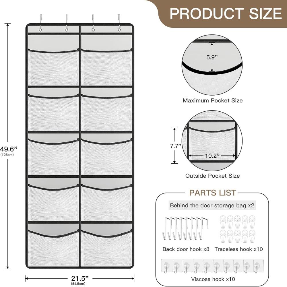Devesanter Set of 2 Suspended Shelves with 10 Mesh Pockets - Wardrobe Pocket Organizer, Storage Above the Door - Plush Toy Organizer for Bedroom (grey